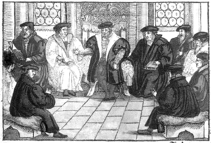 Marburger Religionsgespräch. Anonymer kolorierter Holzschnitt, 1557