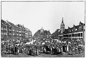 Der Leipziger Marktplatz zur Messezeit, Kupferstich um 1800