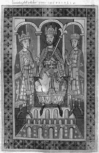 Friedrich Barbarossa mit seinen Söhnen König Heinrich und Herzog Friedrich. Miniatur aus der Welfenchronik (Kloster Weingarten, 1179–1191). Heute Landesbibliothek Fulda.