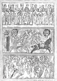 Bildseite von Parzival, dreigeteilt: 1. festliche Tafel am Artushof, 2. Zweikampf Parzivals mit seinem Halbbruder Feirefiz, 3. Parzival und Feirefiz erkennen sich als Brüder.